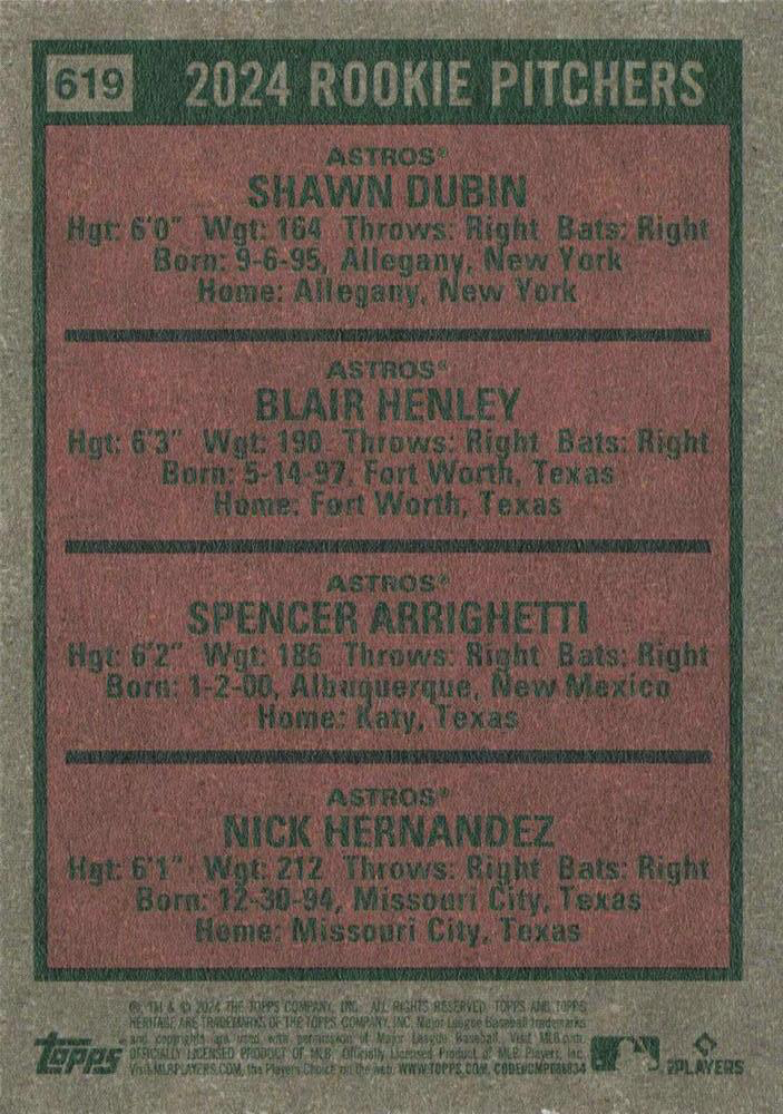 2024 Topps Heritage Rookie pitchers Shawn Dubin / Blair Henley / Spencer Arrighetti / Nick Hernadez Houston Astros RC #619