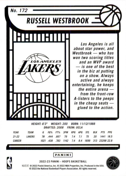 2022 Panini Hoops Russell Westbrook #172 Los Angeles Lakers