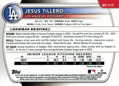 2025 Topps Bowman Paper Prospects Jesus Tillero 1st Los Angeles Dodgers #BP-117