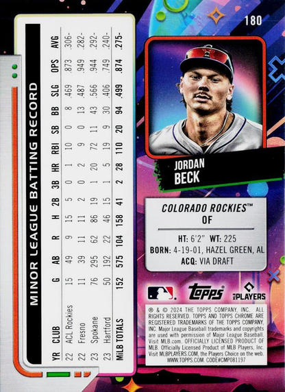 2024 Topps Chrome Cosmic Jordan Beck RC #180 Colorado Rockies