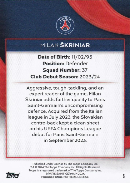 2023 Topps PSG Team Set Milan Škriniar #6 Paris Saint-Germain