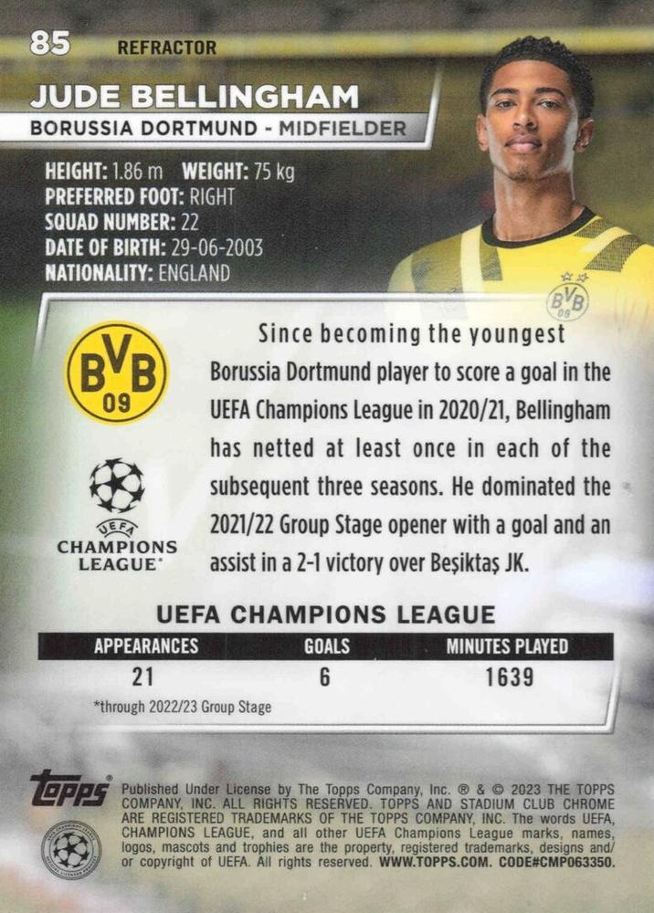 2022 Topps Stadium Club Chrome UCC Jude Bellingham Refractor #85 Borussia Dortmund