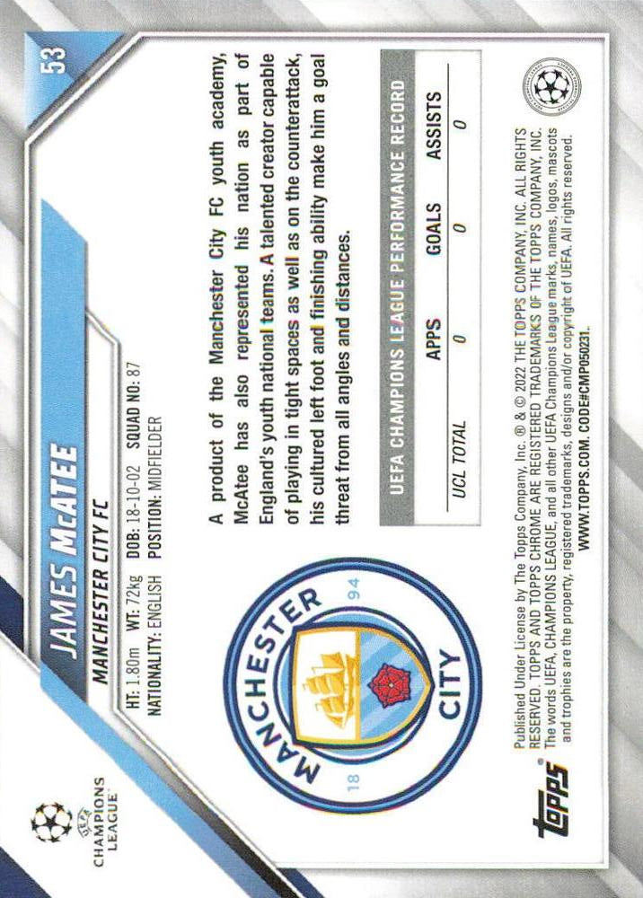2021 Topps Chrome UCC RC James McAtee #53 Manchester City