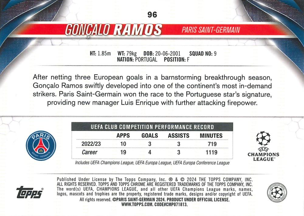 2023 Topps Chrome UEFA Club Competitions Gonçalo Ramos #96 Paris Saint-Germain