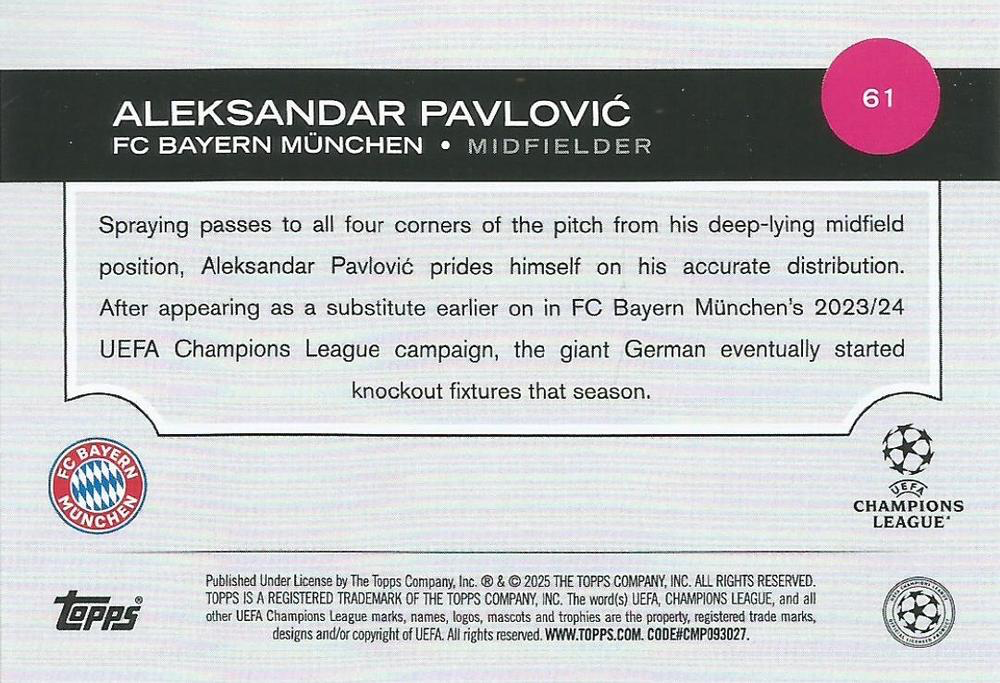 2024 Topps UCC Aleksandar Pavlović ASR Future Stars #61 FC Bayern Munchen