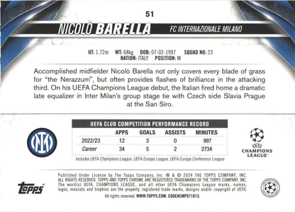2023 Topps Chrome UEFA Club Competitions Nicolò Barella #51 Inter Milan