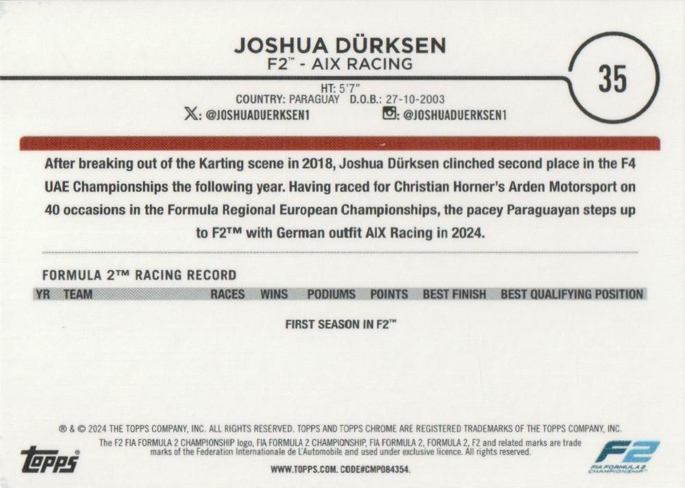 2024 Topps Chrome Formula 1 Joshua Durksen F2D #35 Aix Racing