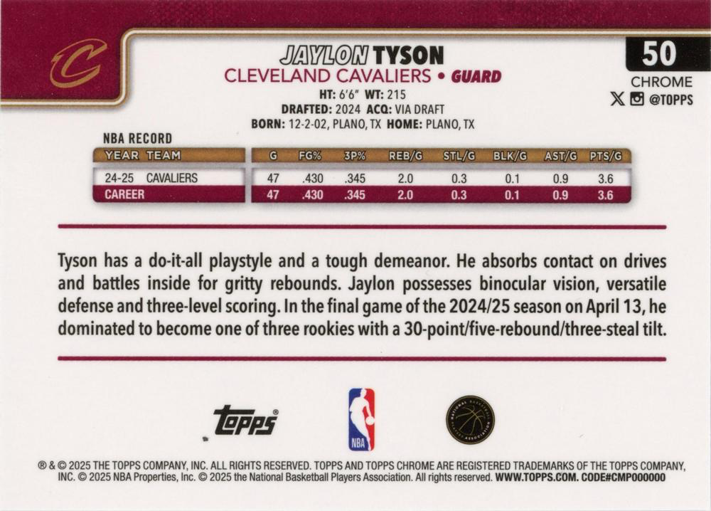 2025 Topps Chrome NBA Jaylon Tyson #50 Cleveland Cavaliers