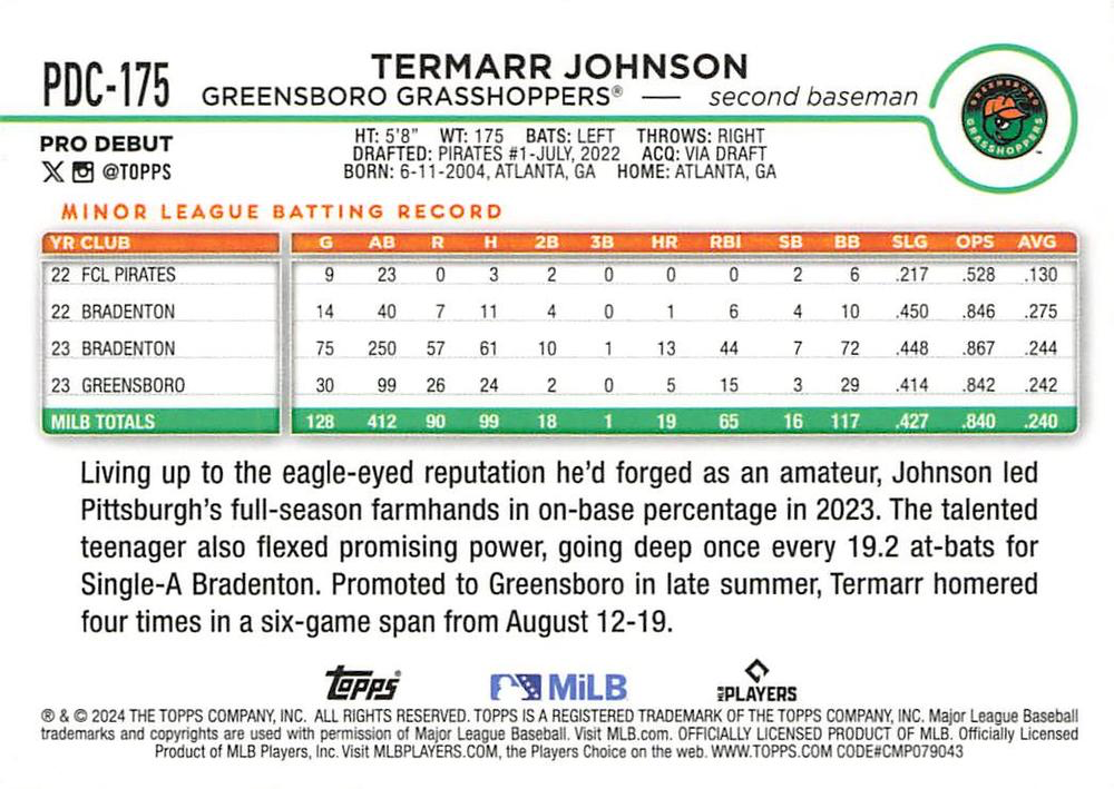 2024 Topps Pro Debut Chrome Refractor Termarr Johnson #PDC-175 Greensboro Grasshoppers