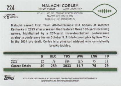 2024 Topps Chrome Football X- Fractor Malachi Corley RC #224 New York Jets