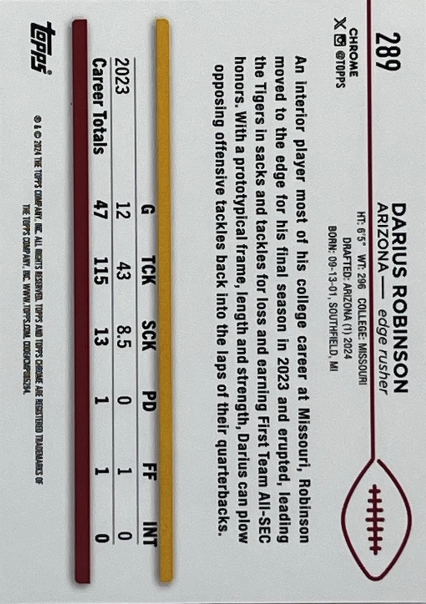 2024 Topps Chrome Football X- Fractor Darius Robinson RC #289 Arizona Cardinals