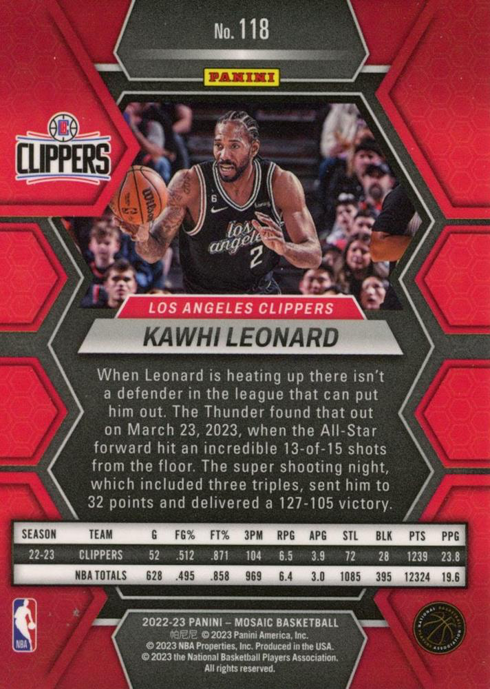 2022 Panini Mosaic Kawhi Leonard #118 Los Angeles Clippers
