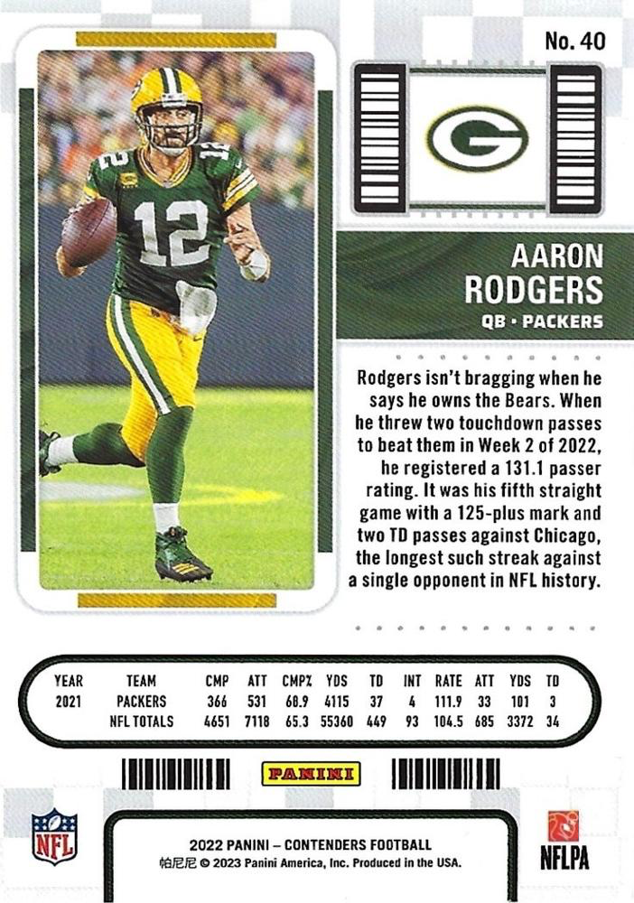 2022 Panini Contenders Aaron Rodgers Green Bay Packers #40