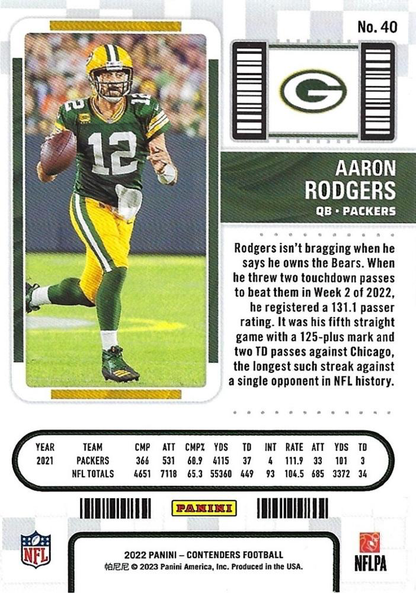 2022 Panini Contenders Aaron Rodgers Green Bay Packers #40