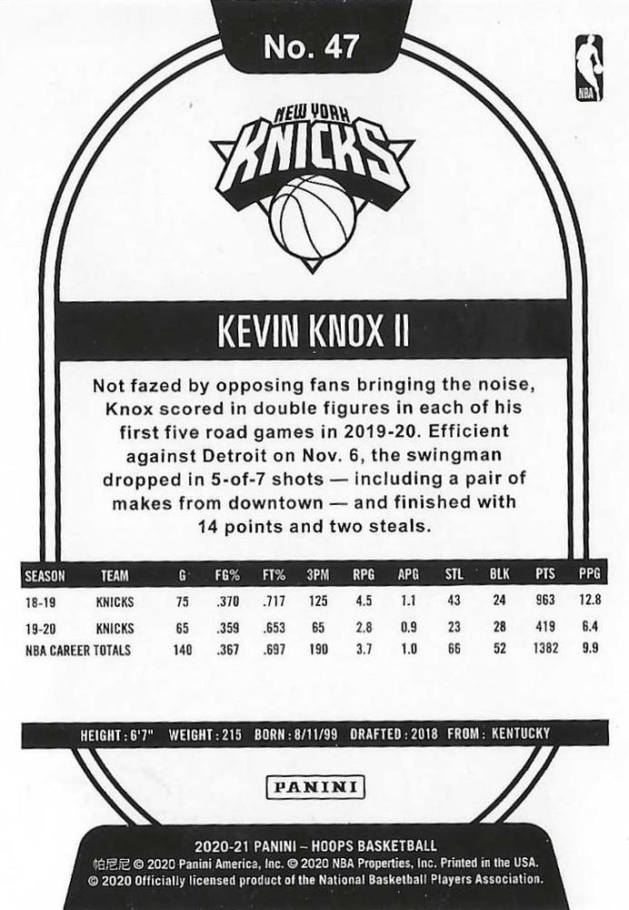 2020 Panini Hoops Kevin Knox II #47 New York Knicks