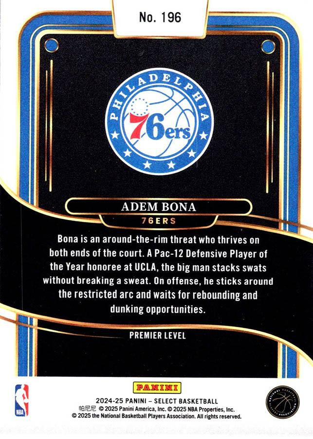 2024 Panini Select Adem Bona RC Blue #196 Philadelphia 76ers