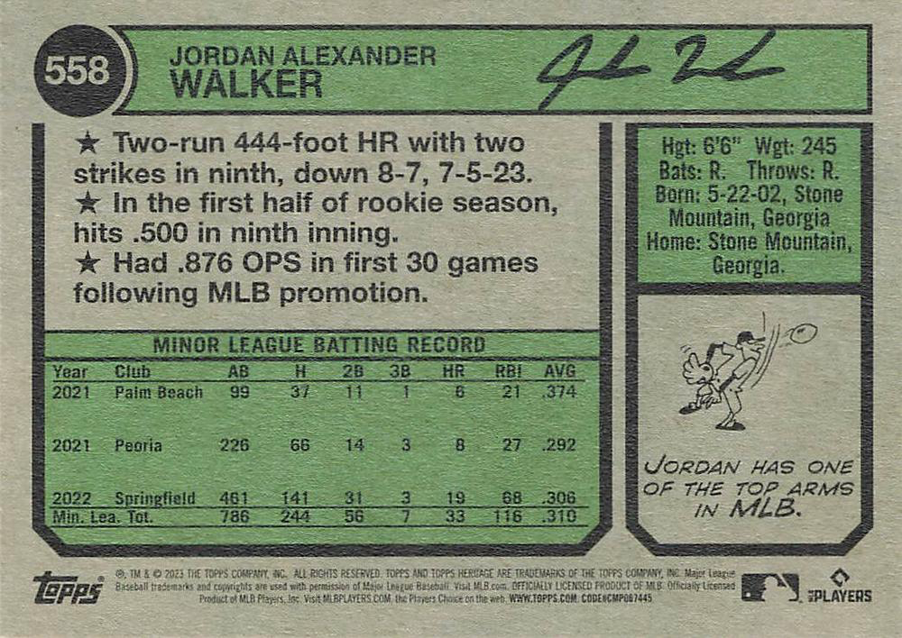2023 Topps Heritage Jordan Walker RC #558 St. Louis Cardinals