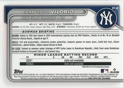 2024 Topps Bowman Chrome Prospects 1ST Francisco Vilorio New York Yankees #BCP-169