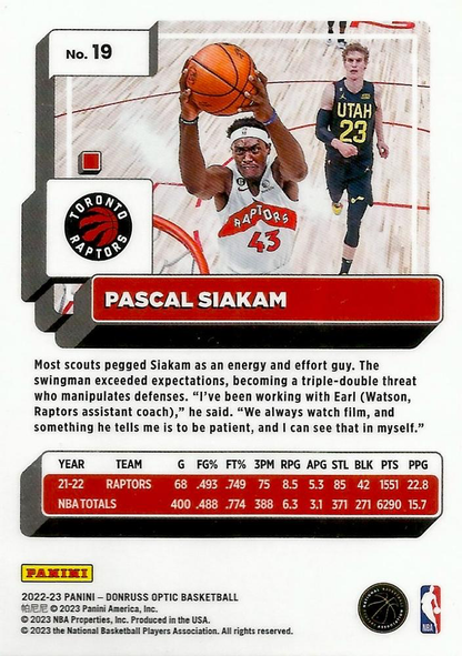 2022 Panini Donruss Optic Pascal Siakam #19 Toronto Raptors
