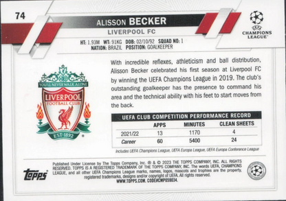 2022 Topps UCC Pink Sparkle Foil Alisson Becker #74 Liverpool