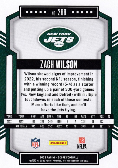2023 Panini Score Football Zach Wilson New York Jets #288