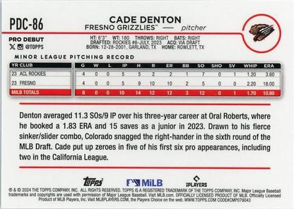 2024 Topps Pro Debut Chrome Refractor Cade Denton #PDC-86 Fresno Grizzlies
