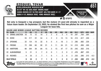 2023 Topps Series 2 Ezequiel Tovar RC Colorado Rockies #651