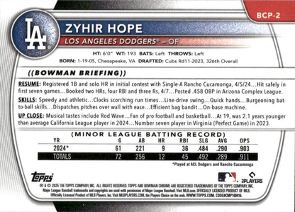 2025 Topps Bowman Chrome Prospect Zyhir Hope Reptilian Refractor #BCP-2 Dodgers