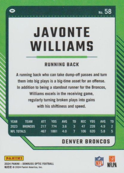 2024 Donruss Optic Football Javonte Williams Denver Broncos #58