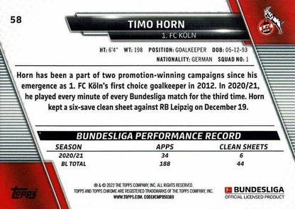 2021 Topps Chrome Bundesliga Timo Horn #58 1. FC Koln
