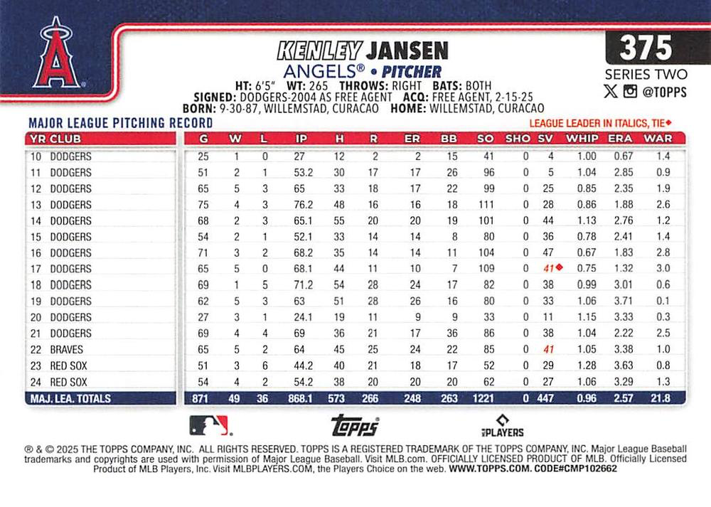 2025 Topps Series 2 Kenley Jansen Los Angeles Angels #375