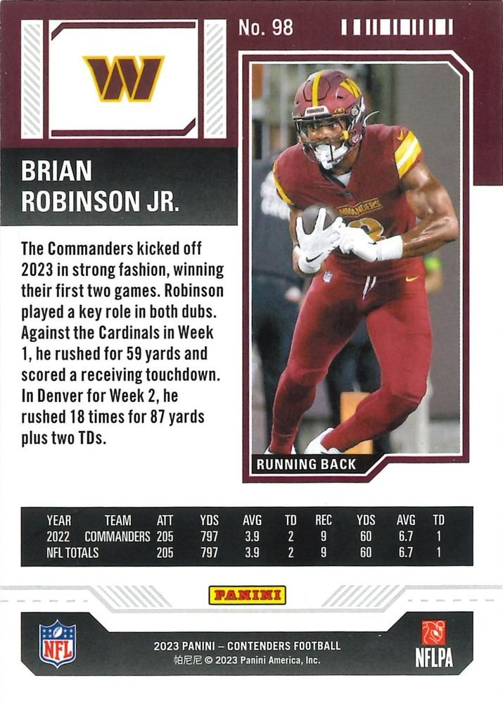 2023 Panini Contenders Bronze Parallel Brian Robinson Jr. Washington Commanders #98