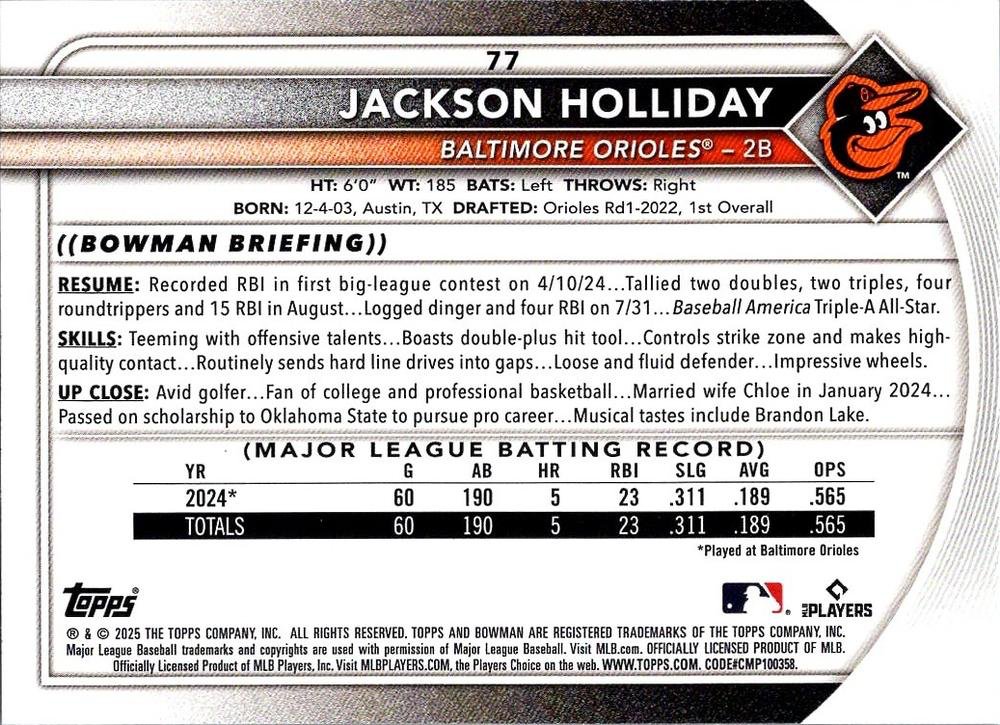 2025 Topps Bowman Jackson Holliday Baltimore Orioles #77