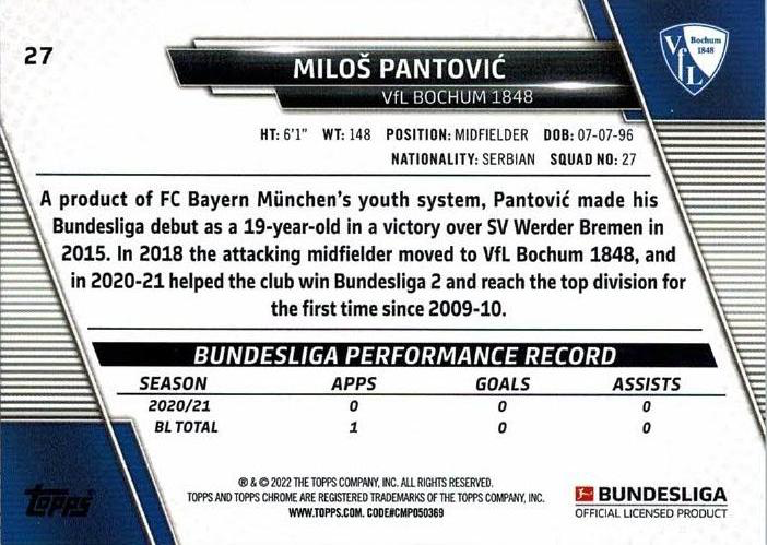 2021 Topps Chrome Bundesliga Milos Pantovic #27 VfL Bochum 1848