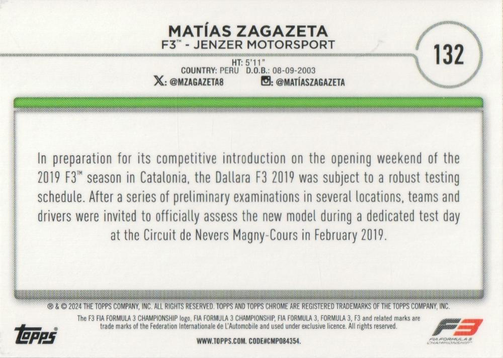 2024 Topps Chrome Formula 1 Matias Zagazeta F3C #132 Jenzer Motorsport
