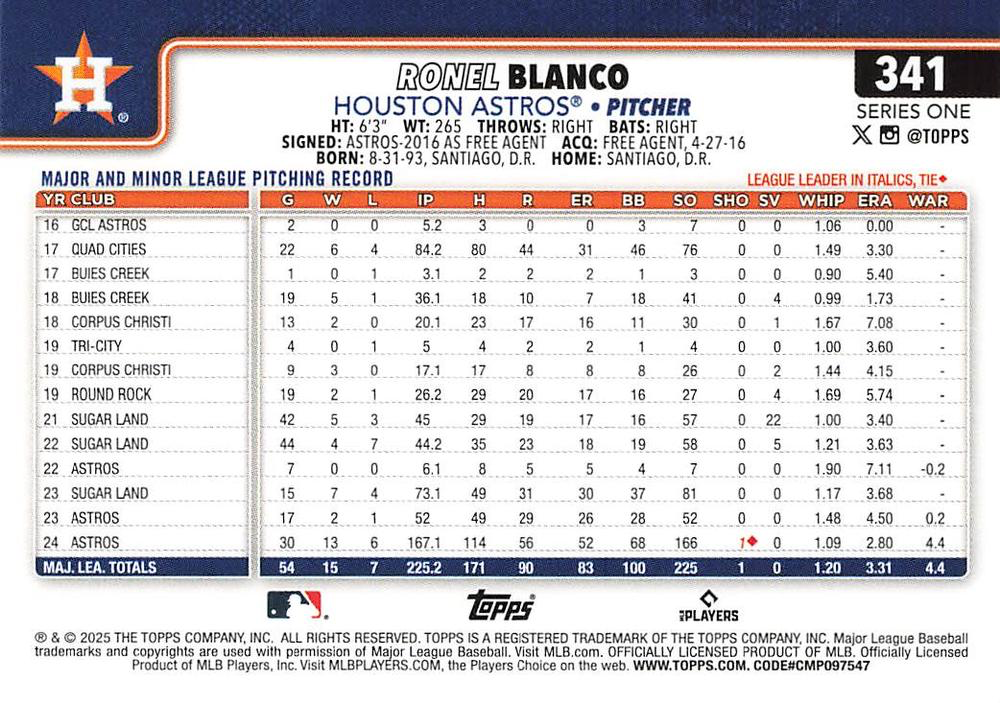 2025 Topps Series 1 Ronel Blanco Houston Astros #341