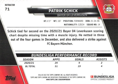 2021 Topps Chrome Bundesliga Refractor Patrik Schick #71 Bayer 04 Leverkusen