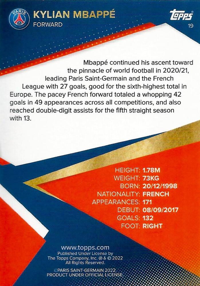 2021 Topps PSG Team Set Kylian Mbappé #19 Paris Saint-Germain