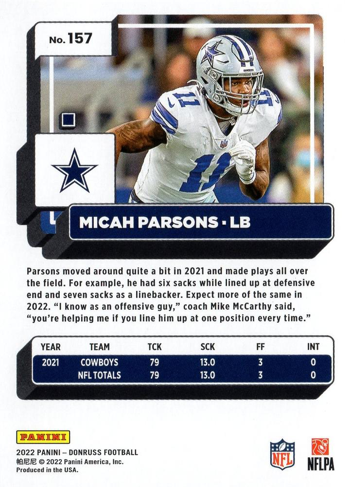2022 Panini Donruss Micah Parsons #157 Dallas Cowboys