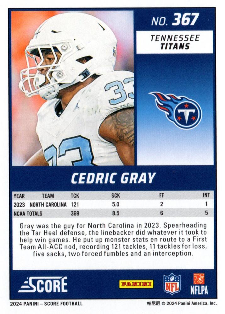 2024 Panini Score Football Cedric Gray Tennessee Titans #367 RC