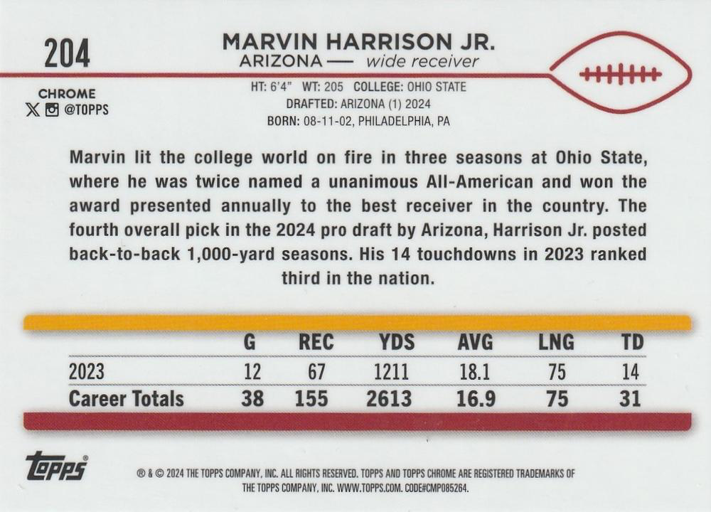 2024 Topps Chrome Football Marvin Harrison Jr. RC #204 Arizona Cardinals