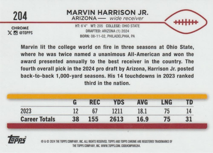 2024 Topps Chrome Football Marvin Harrison Jr. RC #204 Arizona Cardinals