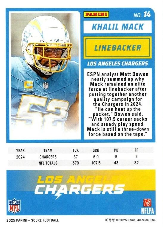 2025 Panini Score Khalil Mack #14 Los Angeles Chargers