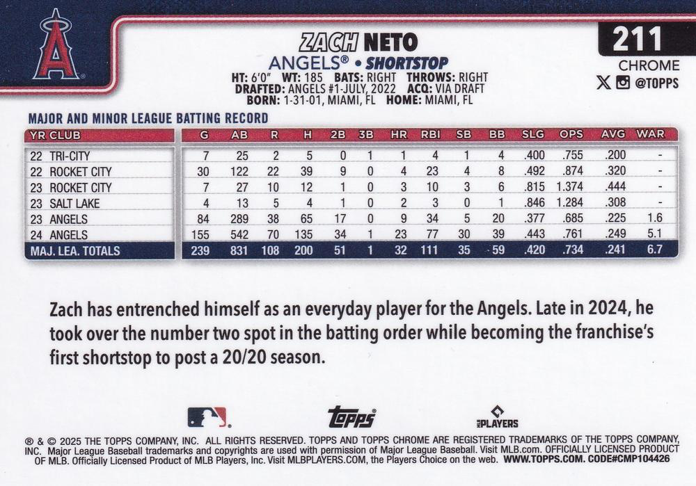 2025 Topps Chrome MLB Zach Neto #211 Los Angeles Angels
