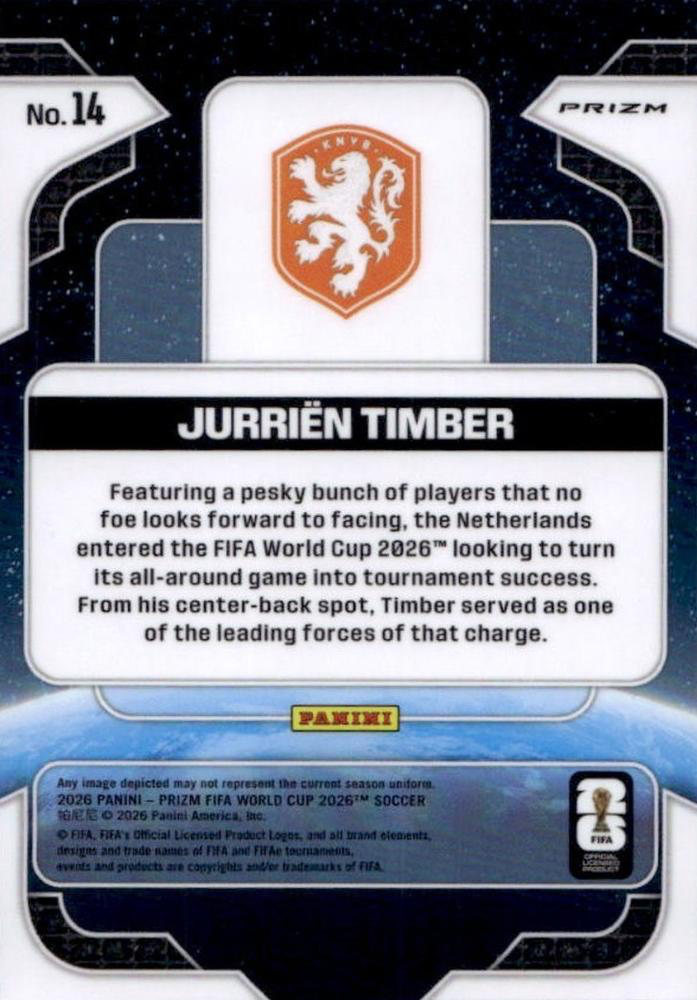 2026 Panini Prizm World Cup Global Reach Jurrien Timber #14 Pays-Bas