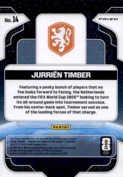 2026 Panini Prizm World Cup Global Reach Jurrien Timber #14 Pays-Bas