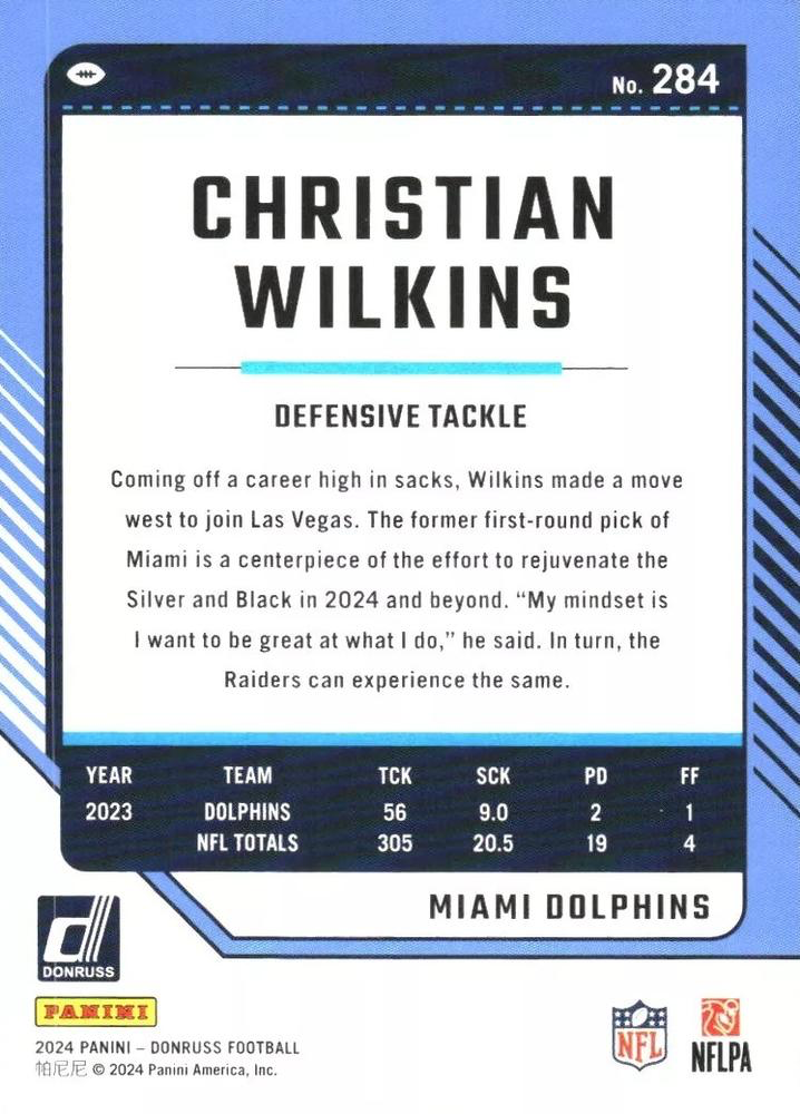 2024 Panini Donruss Christian Wilkins Miami Dolphins #284