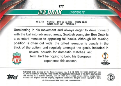 2023 Topps Chrome UEFA Club Competitions Ben Doak RC #177 Liverpool