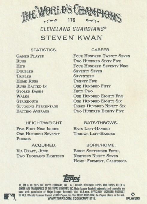 2025 Topps Allen & Ginter Steven Kwan #176 Cleveland Guardians