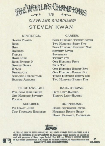2025 Topps Allen & Ginter Steven Kwan #176 Cleveland Guardians